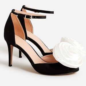 J. Crew Black Ankle-Strap Heels with White Rosette | Sz. 11